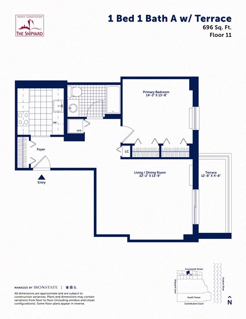 Floor plan for 1 bed, 1 bath, 696 sqft